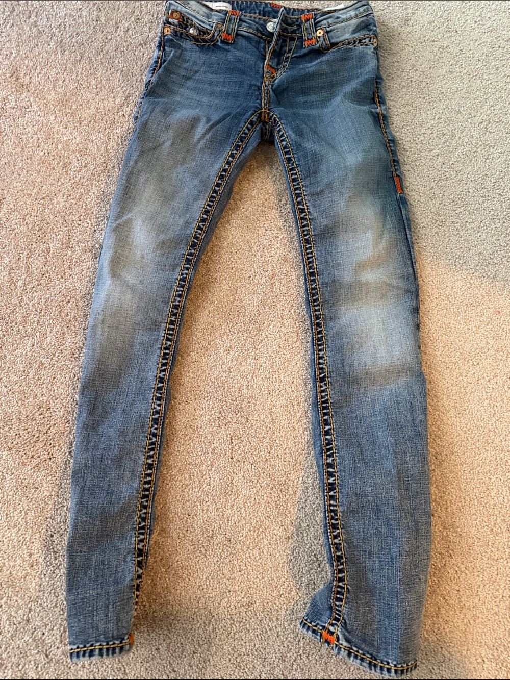 True Religion Women's Boyfriend Jeans in Blue with Orange Stitching